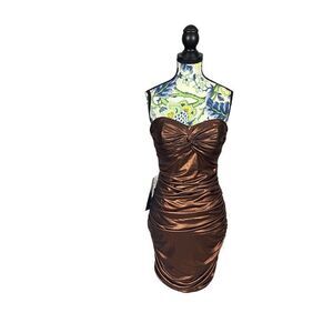 Bebe Strapless Metallic Bronze Foil Shirred Dress Size Small NWT